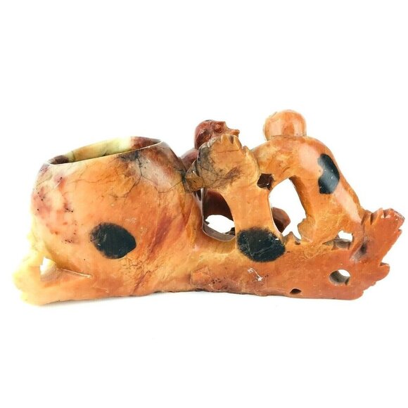 Vintage Detailed Hand Carved Soapstone Figurine Two Monkey's Bowl/Vase - Picture 11 of 11